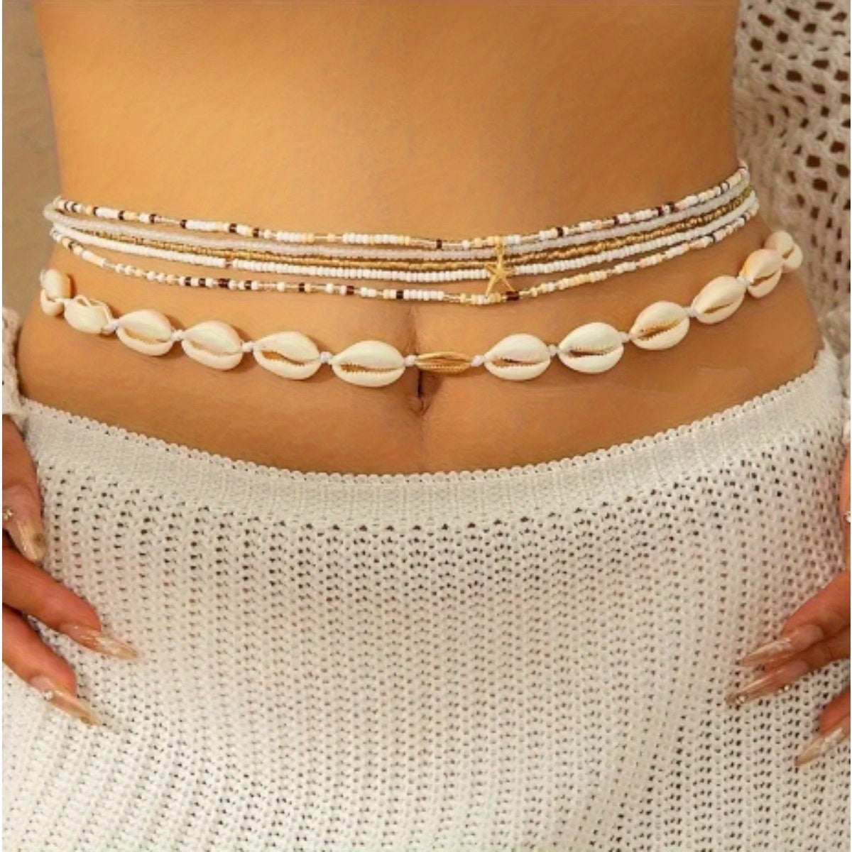 6pcs Boho Chic Shell Pendant Multi-layer beaded waist chain, suitable for women, summer fashion beach handmade elastic body chain, no plating, glass beads, suitable for Casual Attire and gift giving, suitable for Christmas